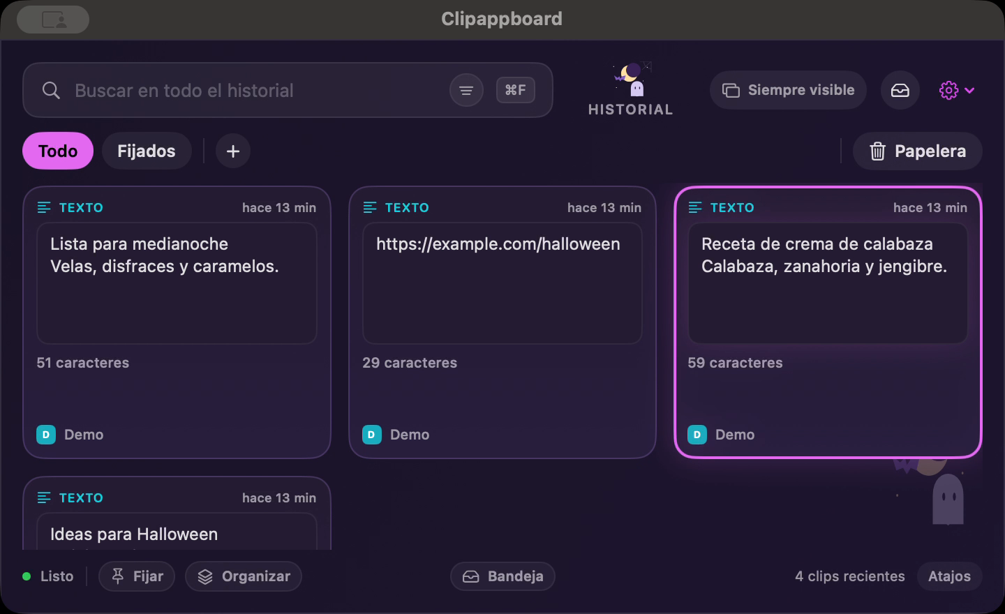 Captura real de Clipappboard con el tema Medianoche: fondo violeta oscuro, selección morada y clips ficticios de Halloween.